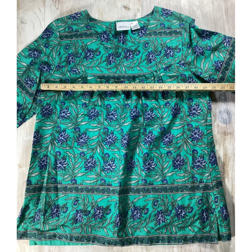Vermont Store Green Top With Blue Flowers Cotton Women's M Boho Cottage Core - Picture 2 of 5